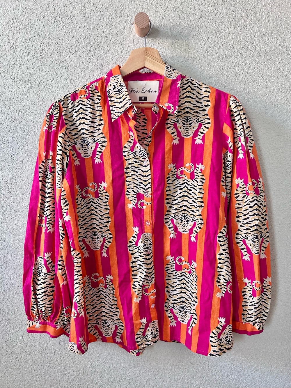 Fox & Hen Tiger Stripe Cotton Button Front Shirt Size Medium Pink Orange